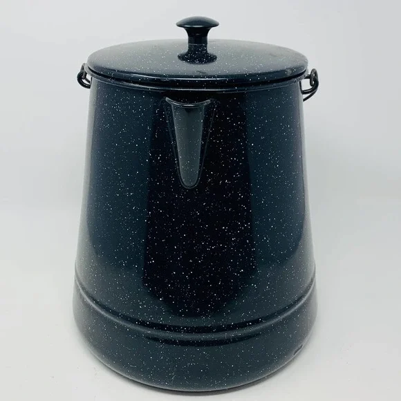 Vintage Graniteware Enamel Coffee Pot Campfire Camp Kettle 11" Large - Picture 3 of 12